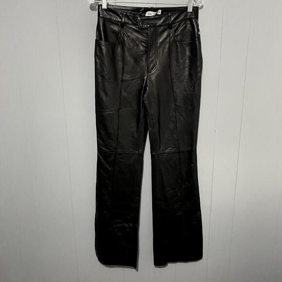 Zara Genuine Leather Black Flared Trousers High Rise Pants Limited Edition S - Picture 2 of 10